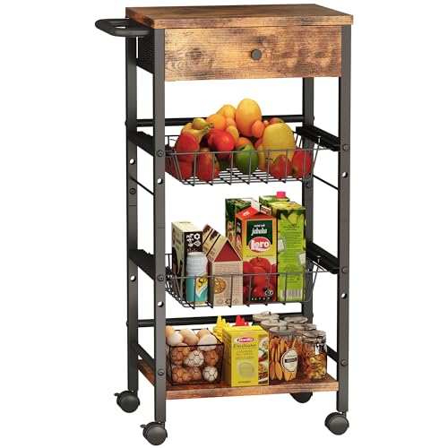 Kitchen Organizer and Storage Cart with Fabric Drawer and Convenient Handle, Snack Organizer Cart with 2 Pull-Out Baskets and 2 Storage Shelves, Rolling Kitchen Cart for Fruit Potato Onion Vegetable - style: 4 Tier with Drawer