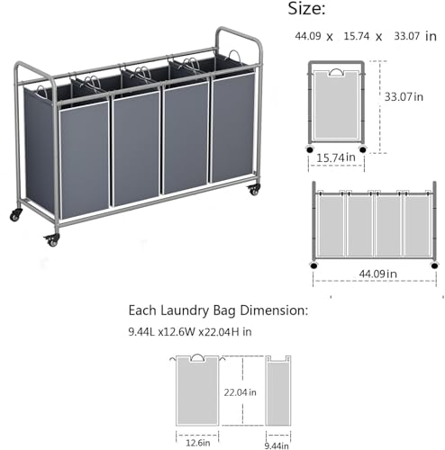 LINZINAR 4 Section Laundry Hamper, Grey Laundry Basket, 180L Laundry Sorter | Laundry Room Organization with Heavy Duty Rolling Lockable Wheels and Removable Bag, Bedroom Laundry Cart for Clothes Storage - size: 4 Bags Grey