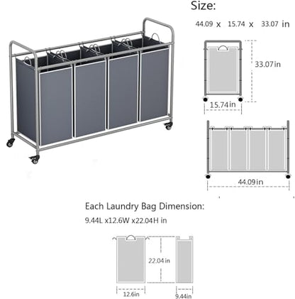 LINZINAR 4 Section Laundry Hamper, Grey Laundry Basket, 180L Laundry Sorter | Laundry Room Organization with Heavy Duty Rolling Lockable Wheels and Removable Bag, Bedroom Laundry Cart for Clothes Storage - size: 4 Bags Grey