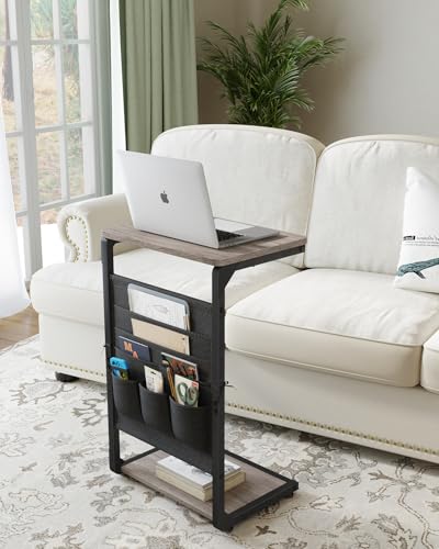 Couch End Tables Set of 2 Pack TV Trays Dinner Eating Tray Sofa Side Table Wood Pedestal TV Tables for Eating on Couch Side Trays that Slide Under Food Snack Small C Shaped Stand Living Room ET-P-GYW2 - color: Greige