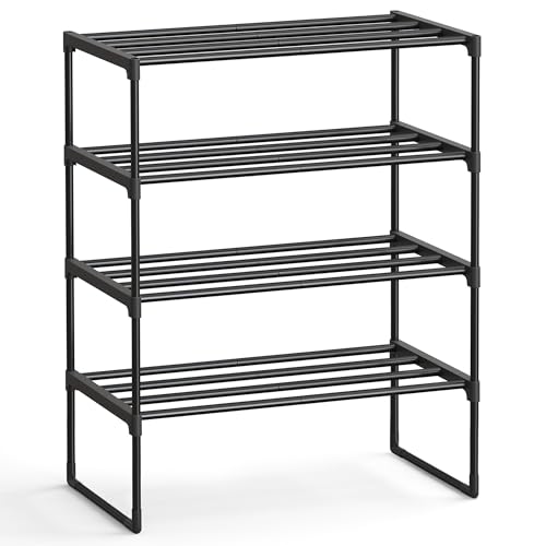 SONGMICS Shoe Rack, 4-Tier Shoe Organizer, Metal Storage Shelf, Upright or Upside Down, for 10-15 Pairs, Stackable, for Entryway, 11.8 x 26.8 x 28.9 Inches, Black ULSA204B01 - color: Black, size: 4 Tiers (26.8"W)