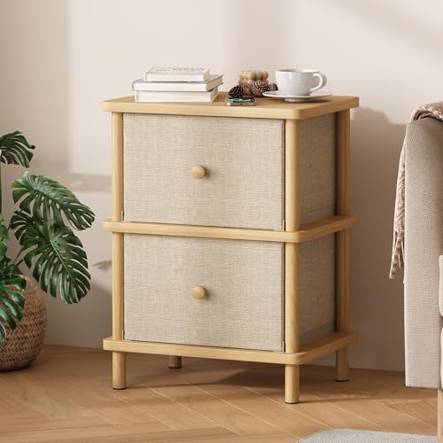 Apicizon Nightstand with 2 Drawers, Boho Side Table with Storage, Natural | Small End Table with Solid Wood Legs, for Small Spaces, Bedroom, Living Room, Entryway, Easy Assembly - color: Natural