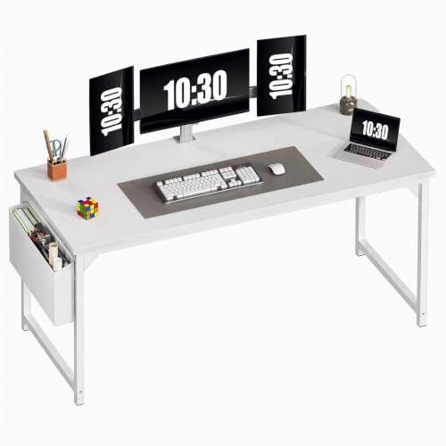 OLIXIS Computer Desk, 63 Inch Gaming Desks for Home Office Small Spaces | Writing Study Craft Work Table, Computer Workstation for Bedroom with Storage Bag, All White - color: White Table Top &White Legs, size: 63 Inch
