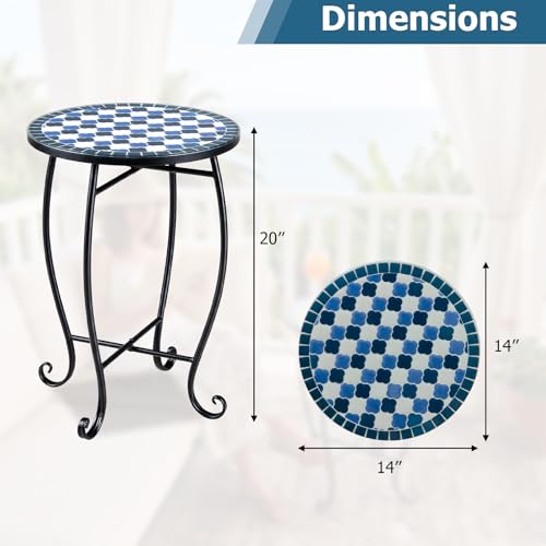 Giantex Outdoor Side Table, Floral Clover Mosaic Patio Accent Table, 14" Coffee End Table, Indoor Outdoor Metal Plant Stand for Porch Garden Balcony Desk, Metal Cobalt Glass Top - style: Floral Clover
