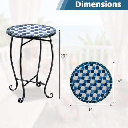 Giantex Outdoor Side Table, Floral Clover Mosaic Patio Accent Table, 14" Coffee End Table, Indoor Outdoor Metal Plant Stand for Porch Garden Balcony Desk, Metal Cobalt Glass Top - style: Floral Clover