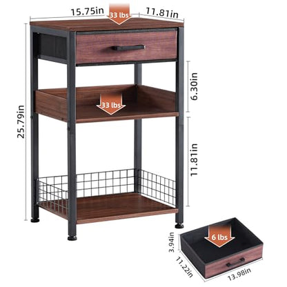 Lerliuo 3-Tier Printer Stand with Fabric Drawer and Shelves, Walnut | Three-tier printer stand with fabric drawer and two shelves for paper, office supplies, scanners and fax machines - color: Walnut