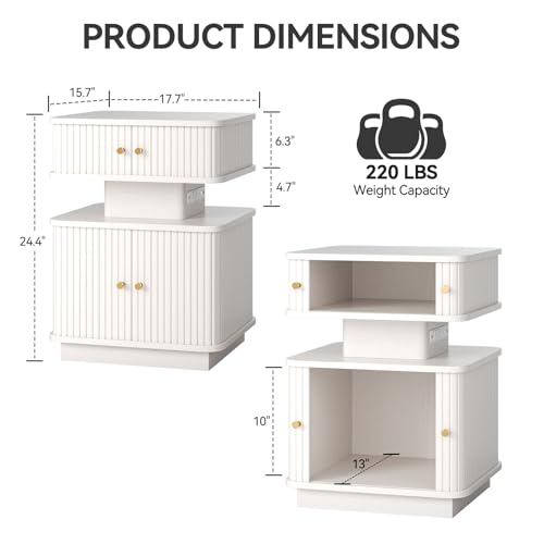 Night Stand, LED Nightstand, Modern Nightstand with Charging Station, Night Stand with 2 Drawers and Sliding Door, Curvy Edge, Small Bedside Table for Bedroom, White - color: White