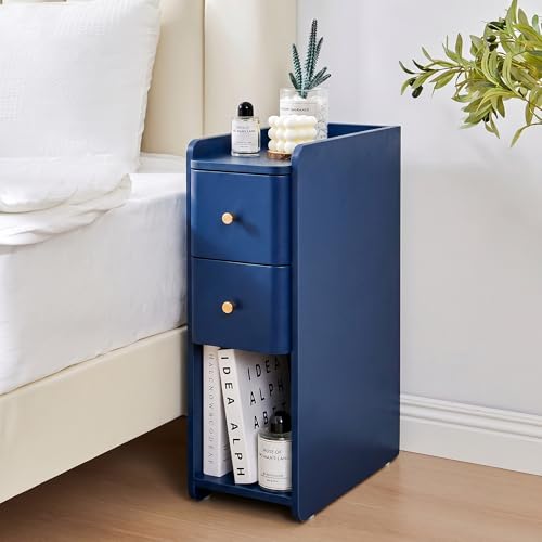 Blue Narrow Nightstand, Wooden Small 2 Drawer Nightstand, Slim Side End Table, Skinny Bedside Table, Mid Century Modern Night Stand with Drawers, for Living Room (Blue-1 pc) - color: Blue-1 Pc