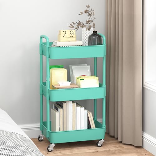Sywhitta 3-Tier Plastic Rolling Utility Cart with Handle, Multi-Functional Storage Trolley for Office, Living Room, Kitchen, Movable Storage Organizer with Wheels, Green | Multi-Functional Storage Trolley, for Office, Living Room, Kitchen, Bathroom,Movabl
