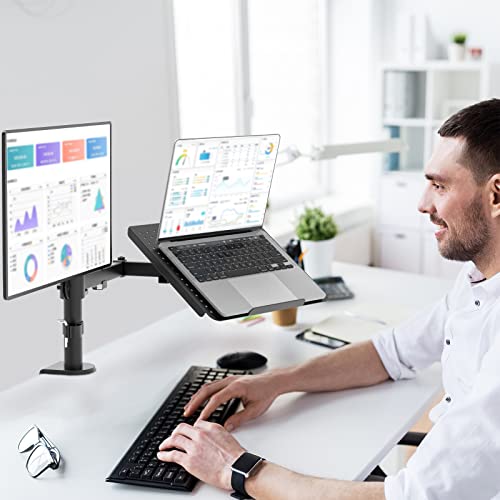 WALI Dual Arm Laptop and Monitor Desk Mount for 17" Notebook and Up to 27" Screen, Fully Adjustable Monitor Arm with Laptop Tray, VESA 75x75 100x100, Holds up to 22 lbs, Black (M001LP) - size: Dual, style: Adjustable Desk Mount