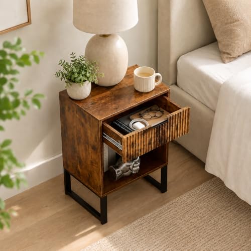 Rustic Brown Nightstand with Fluted Drawer, Wood Bedside Table with Storage Shelf, Mid Century Modern End Table with Metal Legs for Bedroom, Living Room, Sofa Side & Small Spaces