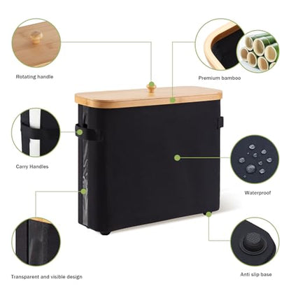 Bathroom Toilet Paper Storage Basket with Lid and Handle， Bamboo Collapsible Toilet Paper Holder Storage with Non-Slip Bottom ,Extra Toilet Roll Storage, Black
