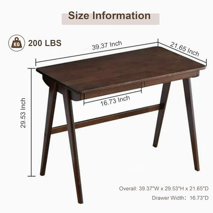Solid Wood Desk with Drawers, Computer Desk for Home Office, Small Writing Desk for Bedroom & Small Spaces, Sturdy A-Frame, Easy Assembly (Walnut Color, 39inch)