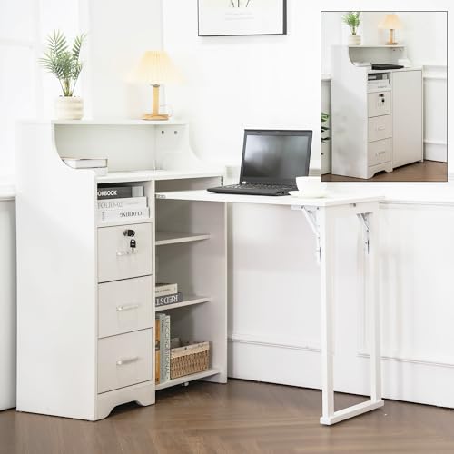 Folding Desk with Storage,Hidden Desk with Lockable Drawers & Shelves, Built-in Power Outlet,Fold Out Desk for Study and Home Office - color: White