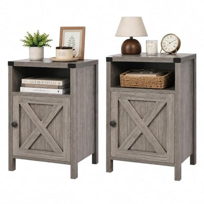Farmhouse End Table, Nightstand with Barn Door and Shelf,Set of 2,Grey Wash | End Tables,Wooden Sofa Side Table, Modern Bed Side Table Rustic Nightstands, Bedroom, Living Room - color: Gray Wash
