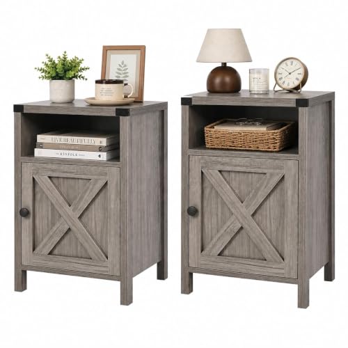 Farmhouse End Table, Nightstand with Barn Door and Shelf,Set of 2,Grey Wash | End Tables,Wooden Sofa Side Table, Modern Bed Side Table Rustic Nightstands, Bedroom, Living Room - color: Gray Wash