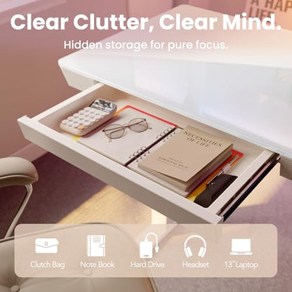 HUANUO Glass Standing Desk with Drawers, 40 X 24 Inch Electric Adjustable Height Desk, Quick Install One-Piece Tabletop with USB Charging Ports, White - color: White, size: 40*24 Inch