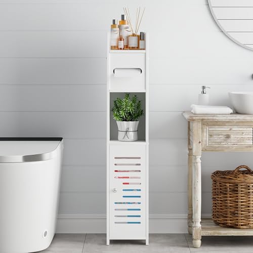 VECELO Storage Cabinet for Small Spaces,Skinny Toilet Paper Holder Stand with Anti-Drop Fence and Roller Storage, White - size: CV1