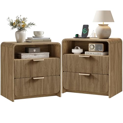 24" Fluted Nightstand Set of 2 with Charging Station, Bedside Table with Metal Handle, NightStand with 2 Drawer and Shelf, End Table for Bedroom, Curved Profile, Light Walnut - color: Light Walnut-2 Drawers, size: 2 Drawers