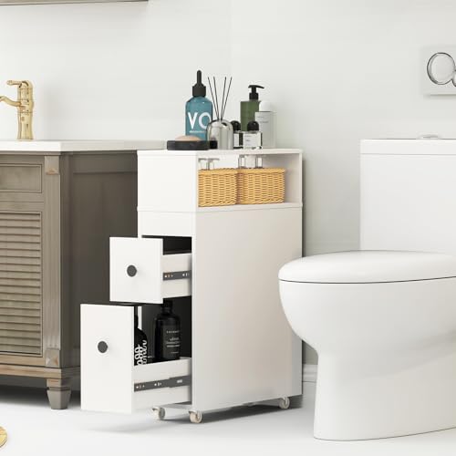 Tangkula Slim Bathroom Storage Cabinet, Movable Narrow Toilet Side Cabinet w/2 Slide Out Drawers, 2 Rattan Baskets & Shelves, Toilet Paper Holder on Wheels for Small Spaces