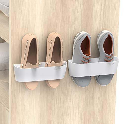 Wall Mounted Shoes Rack 2Pack with Sticky Hanging Strips, Plastic Shoes Holder Storage Organizer,Door Shoe Hangers (SM03-White-2) - color: SM03-White-2