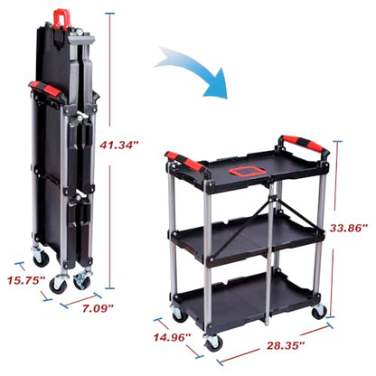 Folding Service Cart,Rolling Utility Cart,330 LBS Collapsible Service Cart,3 Shelf Heavy Duty Foldable Tool Cart