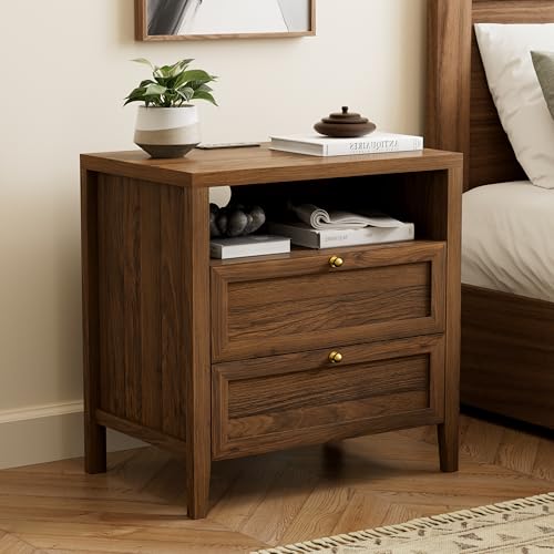 Farmhouse End Table with 2 Drawers, Wooden Nightstand with Open Storage Cable Hole Freestanding Wide Bedside Table for Bedroom Living Room Sofa, Brown - color: 2 Drawers/Brown, size: 1PC