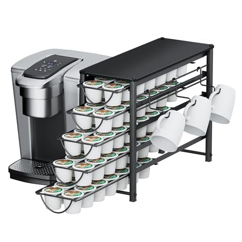 HFHOME Coffee Pod Holder For Counter, Pod Holder for K-cups, 5-tier Metal Coffee Capsule Storage Drawer, 70 Capacity Pods Organizer for Cafe Counter, Home, Office or Kitchen,3 cup rack, Black - color: Black-70 Pods