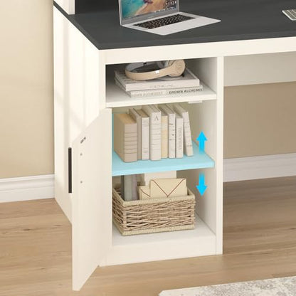 YOMILUVE 65 Inch Computer Desk with 3 Drawers & Storage Shelves, Executive Desk with File Drawer & Cabinet, Home Office Desk with Long Monitor Stand & Printer Shelf, Black & White - color: Black & White