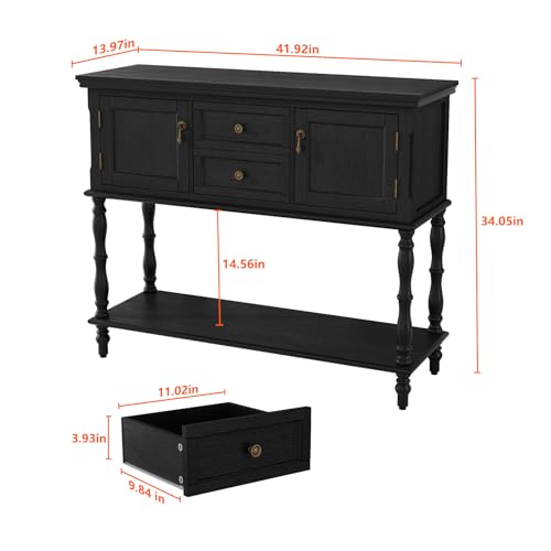 ARTPOWER Console Table with 2 Drawers, Retro Entryway Table with 2 Door Cabinets and Open Storage Shelf, Narrow Long Behind Couch Sofa Table for Living Room, Foyer, Hallway, Black - color: Black