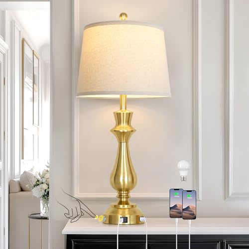 Touch lamp for Night Stands - 29.5" Tall Bedside Lamp with USB C+A, 3 Way Dimmable Bedroom Lamps, Gold Metal Table Lamps for Living Room, Single Gold - color: Gold-1P