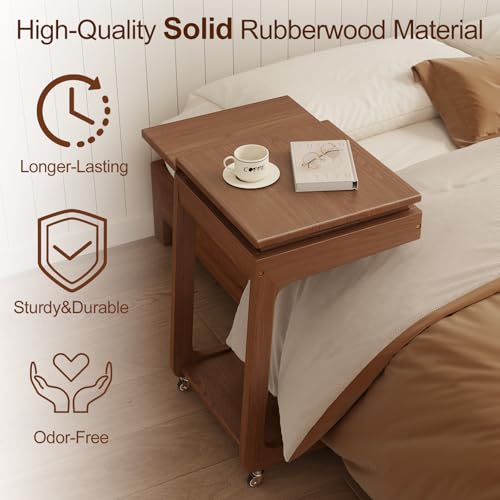 Solid Wood C Shaped End Table for Couch,Walnut C Table with Wheels,Rolling Side Table with Storage,Couch Desk with Adjustable Desktop,Rolling Tv Tray with Folding Shelf,Modern Couch Table - color: Walnut