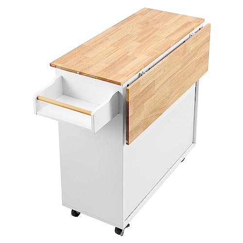 VEVOR Kitchen Island Cart with Solid Wood Top, 35.4" Width Mobile Carts with Storage Cabinet, Rolling Kitchen Table with Spice Rack, Towel Rack, Drop Leaf and Drawer, Portable Islands on Wheels, White - size: 35.4" W Drop Leaf, style: 1 Drawers & 2 Doors
