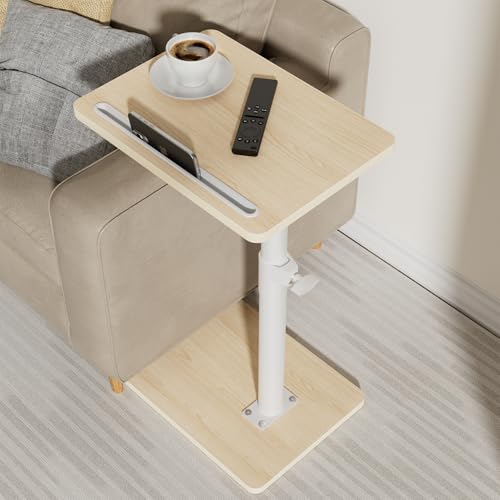 YUHFERA Sofa Armrest Tray Table for Couch - 360 Swivel Height Adjustable End Table for Small Spaces, Snack Side Table for Bed or Chair with Phone & Tablet Slot (Oak, Standard) - color: Fair, size: Standard
