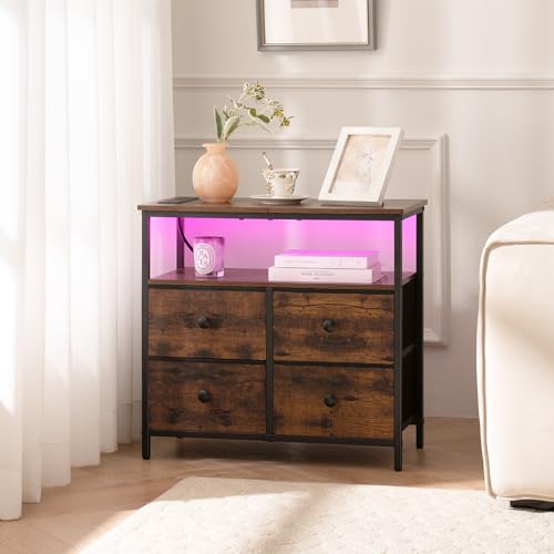 Yoobure Night Stand with Charge Station, Nightstand with 4 Drawers Bedside Table, LED Dresser with Storage Shelf, Night Stands for Bedroom, Side Table 3-Tier Wood End Table for Home Rustic Brown - color: Rustic Brown