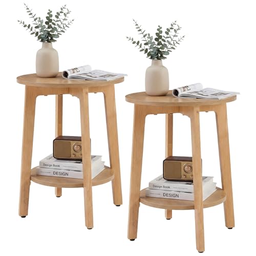 DUMOS Round End Tables Set of 2 for Small Spaces, 2-Tier Boho Accent Side Table with Storage Shelf, 15.8" Wood Modern Nightstand for Living Room, Bedroom, Home Office, Light Wood - color: Light Wood, size: 2 Pack