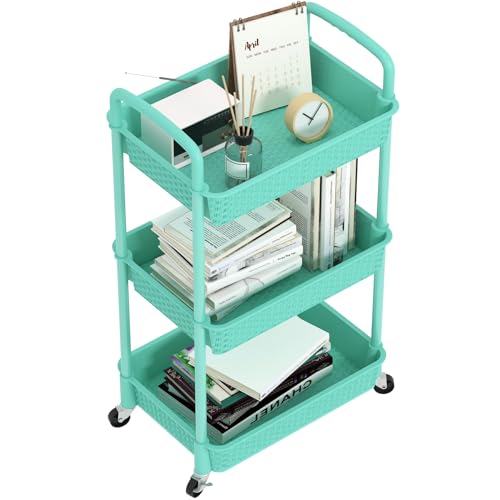 MOYIPIN 3-Tier Plastic Rolling Utility Cart with Handle,Utility Storage Cart for Office, Living Room, Kitchen,Movable Storage Organizer Shelves,Turquoise - color: Turquoise, size: 3-Tiers without cups