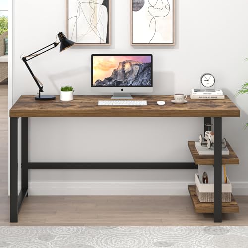 EXCEFUR Modern Computer Desk, Home Office Desk with Storage Shelf, Wood Study Writing Table Workstation for Bedroom Living Room, Rustic Brown, 53 Inch - color: Brown