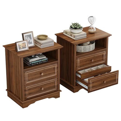 XIAO WEI Walnut Nightstand with Hidden Drawer Set of 2, 2 Drawers Each | Set of 2 with hidden drawers, 4 drawers and open shelves for bedside essentials and private storage - color: Walnut, size: 1SET