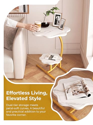 2 Layers Flower Shape Marble Texture Small C-Shaped Side Table,Snack Side Table, End Table for Sofa SideTable,Bedside Table for Living Room Kitchen Garden Bedroom - color: White+gold