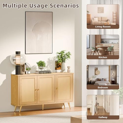 Buffet Sideboard Cabinet with Set of 2 Storage, Kitchen Storage with 3 Rattan Decorated Doors, Accent Cabinet for Dining Room, Living Room, Entryway, Hallway, Natural
