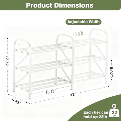 3-Tier Shoe Rack for Closet, 16"-32" Expandable Shoe Rack Adjustable for Entryway Closet Doorway Sturdy Metal, White - color: White 3 Layers and 3 Tubes