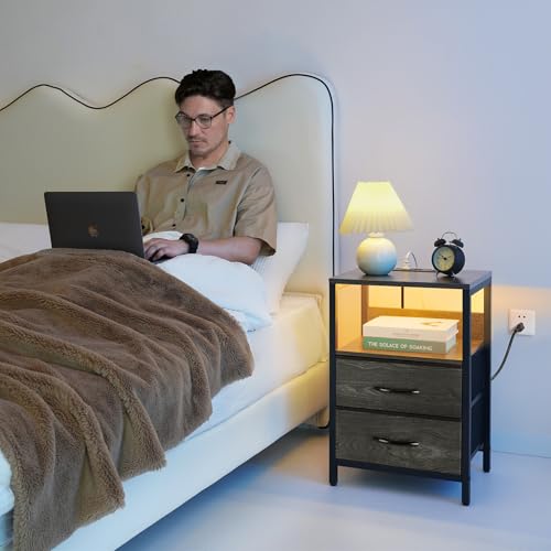 Yoobure Nightstand with Charging Station, LED Night Stand with Fabric Drawers and Storage Shelf for Bedroom, Nightstands Bedside Tables with USB Ports & Outlets, Small Night Stands, Bed Side Table - color: Charcoal Gray