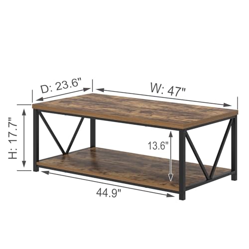 EXCEFUR Modern Coffee Table, Rustic Wood and Metal Living Room Table with Storage Shelf, Industrial Rectangle Center Table, 47 Inch Brown - color: Rustic Brown, size: 47 inch