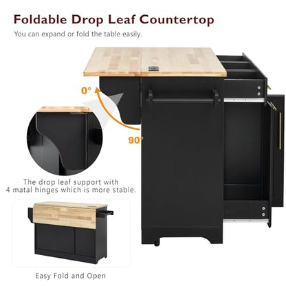 60" Kitchen Island with Trash Can Storage Cabinet and Power Outlet | Rolling Kitchen Cart on Wheels with Rubber Wood Drop Leaf Top, Spice Rack, Towel Rack and Adjustable Shelf, Black - color: Black