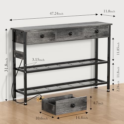 47" Narrow Console/Entryway Table with Storage & 3 Drawers & Outlets, for Sofa & Living Room, Hallway/Foyer/Couch/TV/ Aquarium Stand Table for Entryway with USB Ports, LED Light Strip,Perfect for Home - size: 47"