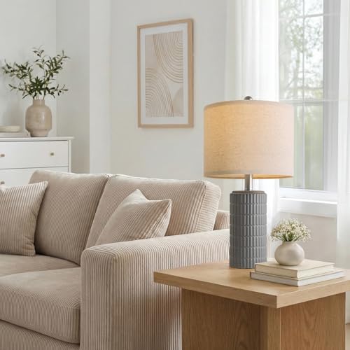 PoKat 20.75'' Ceramic Small Table Lamps for Bedroom, Modern Dark Gray Bedside Lamps Set of 2, Farmhouse Lamps for Living Room with Linen Lampshade for Night Stands Guest Room Side End Table Console - color: 20.75'' Small - Dark Grey