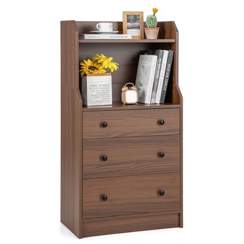 LDAILY Moccha 3 Drawers Dresser with Shelf, Modern Dresser Tower with 2 Open Shelves, Chest of Drawers with Anti-toppling Device, Tall Storage Dresser Nightstand, Living Room, Walnut - color: Walnut