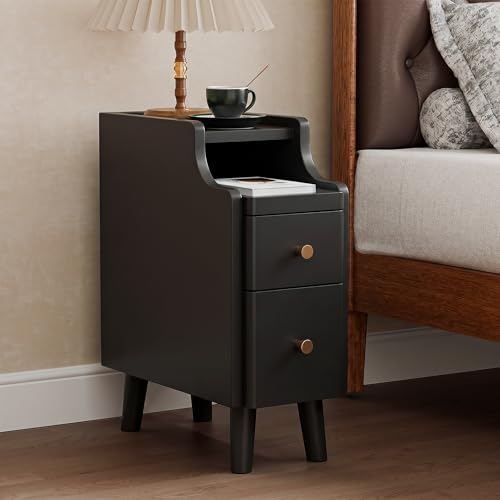 Nightstand, Pre-Assembled, 19.7“H Solid Wood Narrow Night Stand with 2 Drawers, Open Sliding Shelf, Mid Century Modern Small Bedside Table for Bedroom, Black 8" - color: Black, size: 8"