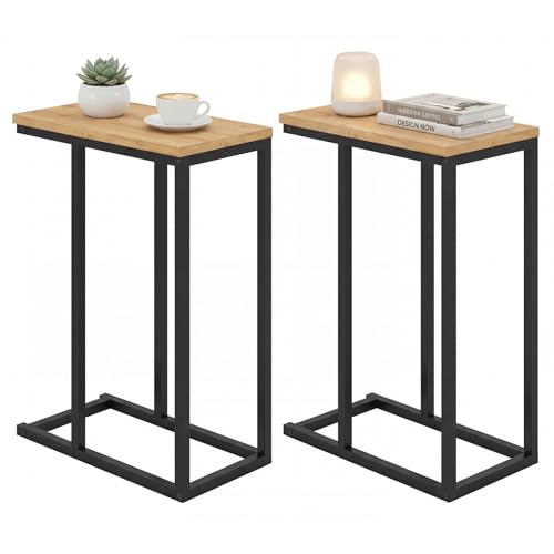 Giantex C-Shaped End Table, Set of 2 Small Sofa Couch Side Table that Slide Under with Metal Frame & Spacious Tabletop, Bedside Laptop TV Tray for Living Room Bedroom Small Spaces (Natural) - color: Natural